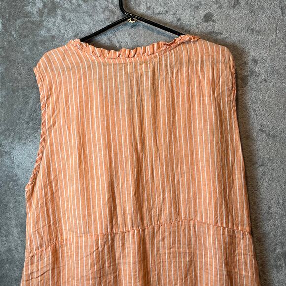 Flax 100% Linen Orange White Striped Sleeveless Ruffle Dress Large Lagenlook - Picture 5 of 7